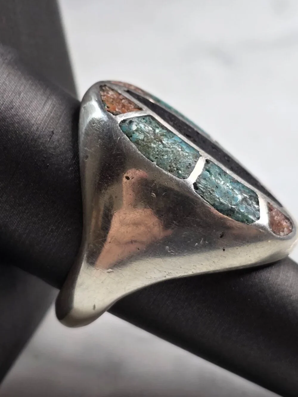 Mens Vintage Sterling Silver Southwestern Turquoise Coral Ring 30.7g E5555